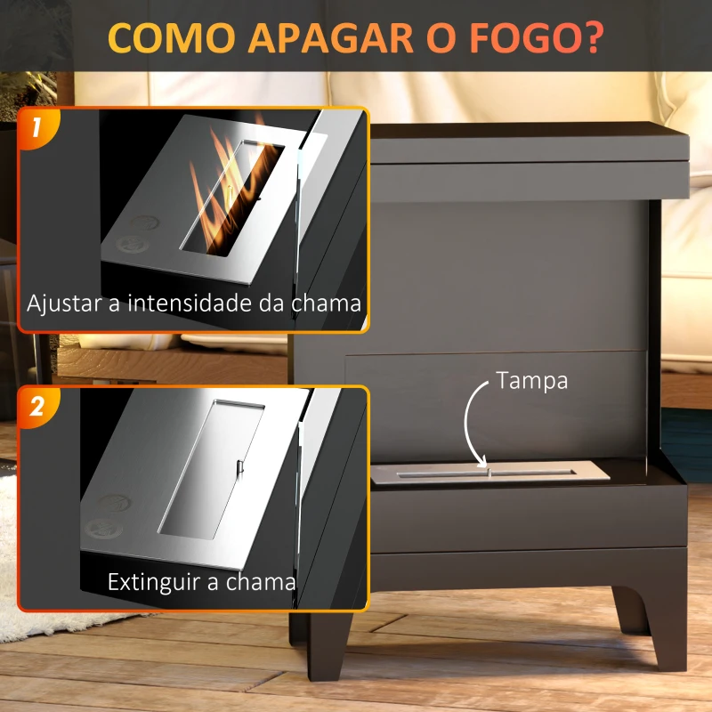 HOMCOM Lareira de Bioetanol com Depósito de 0,9L Apagador de Chamas de Aço Inoxidável Tempo de Combustão 3,3H para Interiores 15-20 m² 38x22x54 cm Preto