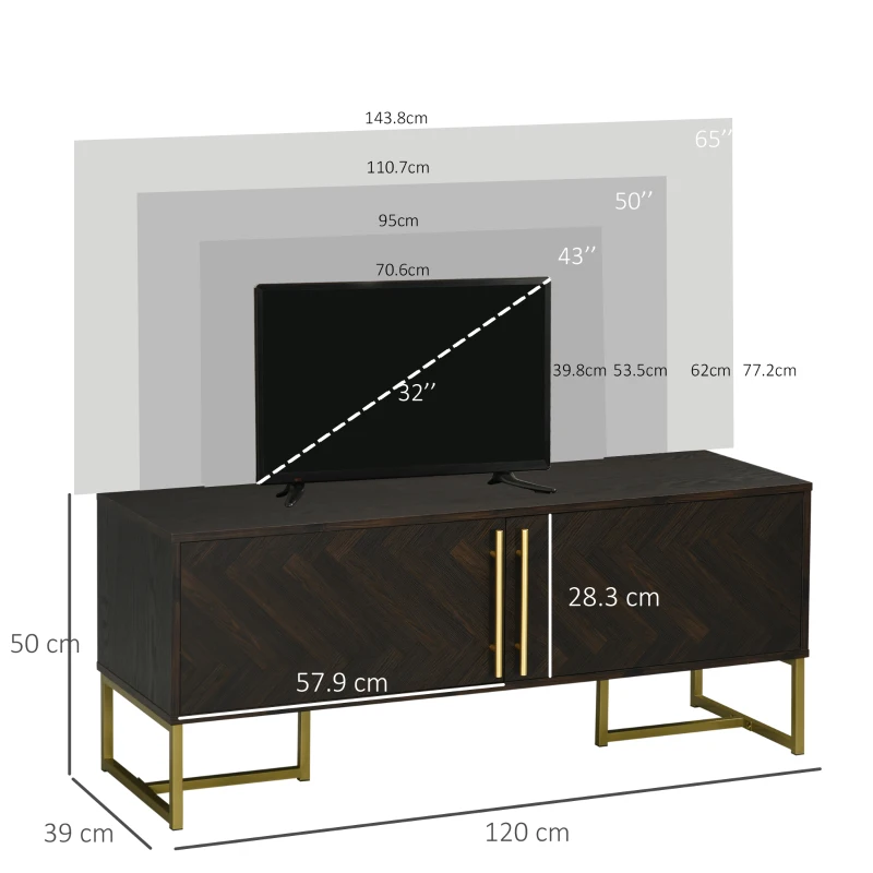 HOMCOM Dulap Suport TV Pana la 55" cu 2 Dulapioare, Mobila de Sufragerie din Lemn cu Picioare Metalice, 120x39x50 cm, Maro si Auriu