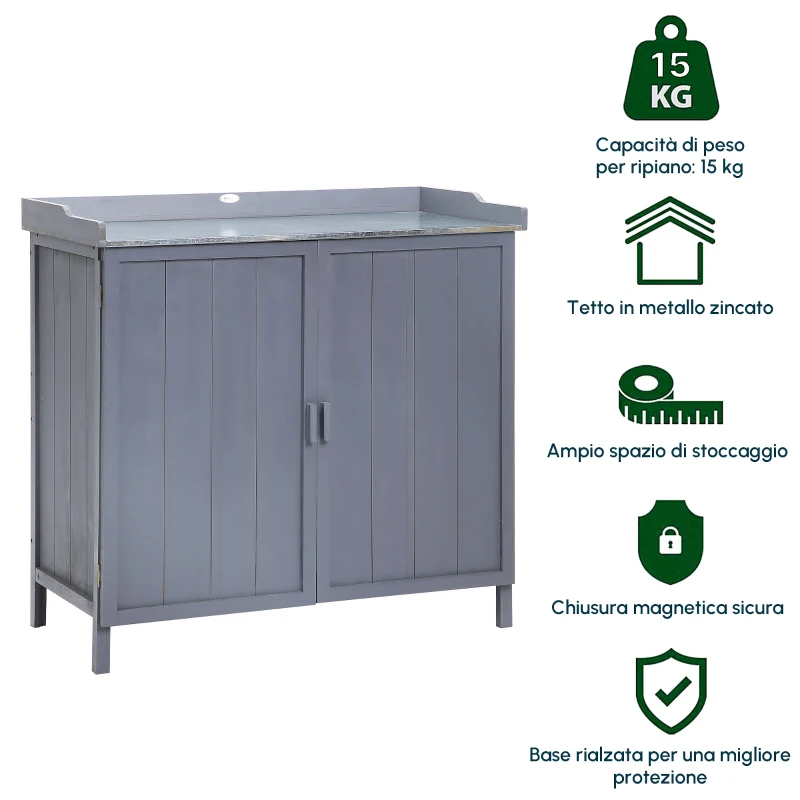 Outsunny Armadietto da Esterno in Legno con Piano in Metallo e 2 Ripiani Porta Attrezzi, 98x48x95.5 cm, Grigio