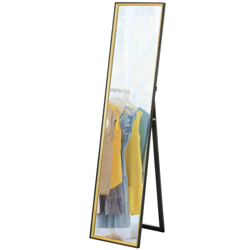 HOMCOM Oglindă de Podea Înaltă cu Suport Posterior și Ramă, Oglindă de Perete din MDF și Sticlă, 37x3x157 cm, Auriu