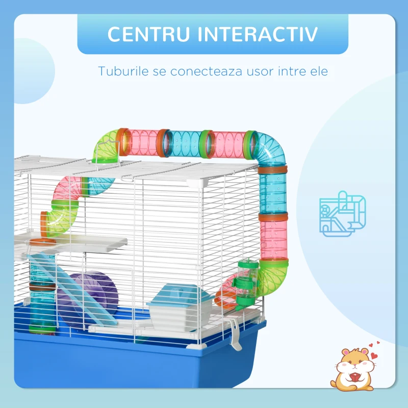 PawHut Cușcă pentru Hamsteri cu 3 Nivele, Tub, Roată de Alergat, Sticlă de Apă și Bol de Mancare, 59x36x47 cm, Albastru