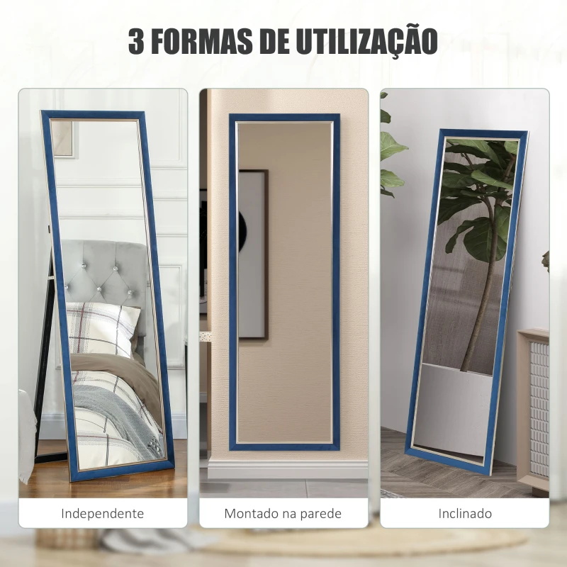 HOMCOM Espelho de Pé 50x150 cm Espelho de Corpo Inteiro com Estrutura em Veludo e Suporte para Sala de Estar Dormitório Azul