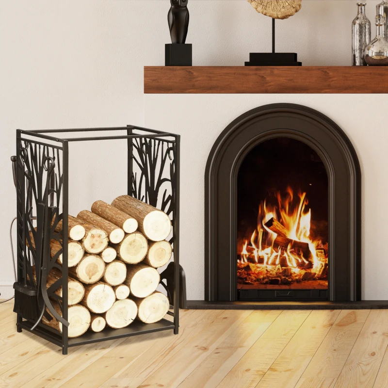 HOMCOM Suporte para Lenhas Suporte de Armazenamento para Lenhas 46x30x70 cm com 4 Ferramentas para Interior e Exterior Preto