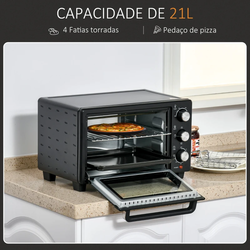 HOMCOM Mini Forno Elétrico 21L 1400W com Temporizador até 60min e Temperatura Ajustável até 230℃ 46x38,5x29 cm Preto