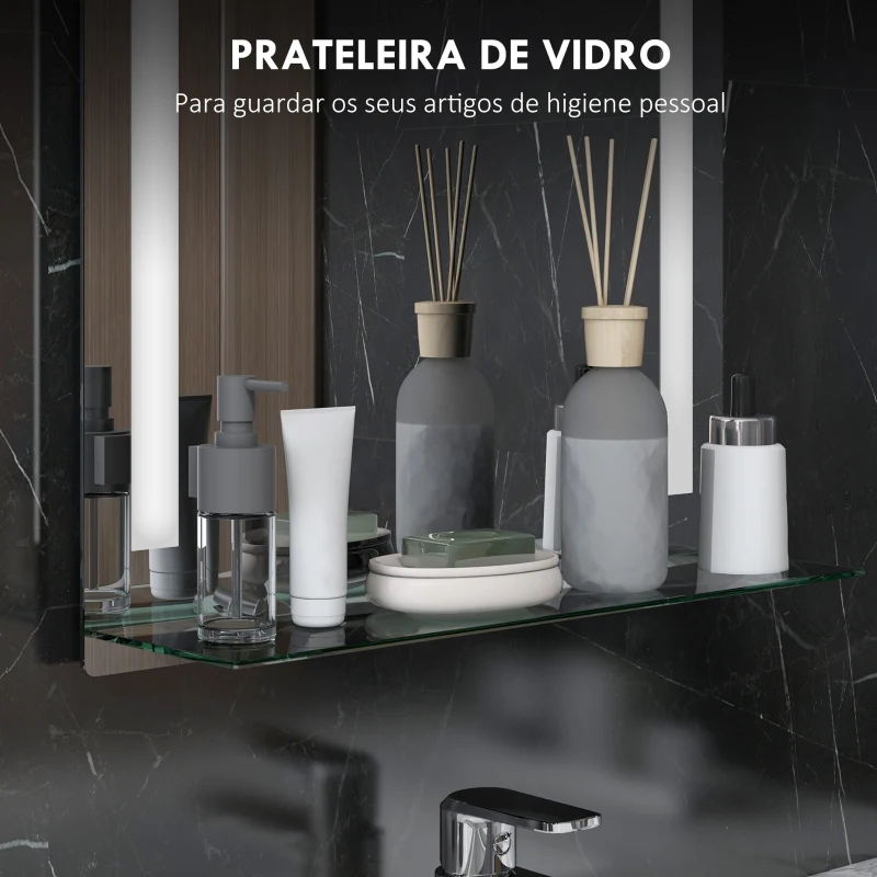 kleankin Espelho Casa de Banho com Luzes LED 70x50 cm Interruptor Tátil Iluminação Ajustável Função de Memória e Prateleira de Vidro Prata
