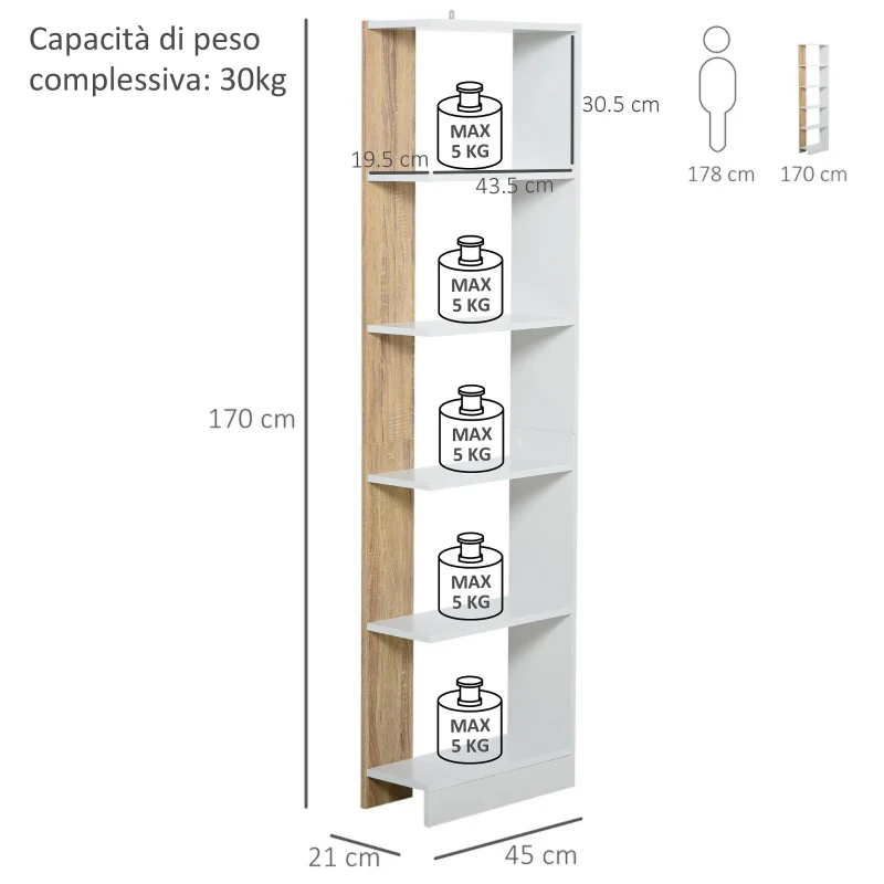 HOMCOM Scaffale Libreria a Parete in Legno Color Rovere e Bianco con 5 Ripiani, Antiribaltamento, 45 x 21 x 170cm