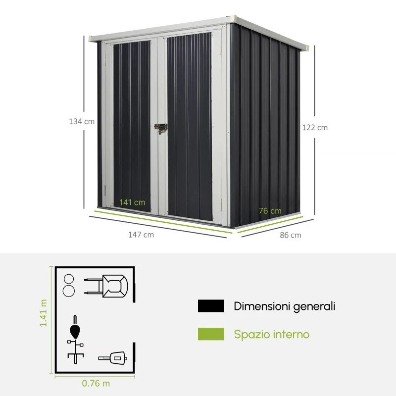 Outsunny Casetta da Giardino in Lamiera di Acciaio con Doppia Porta, 147x86x134cm, Nero e Bianco(m-3)