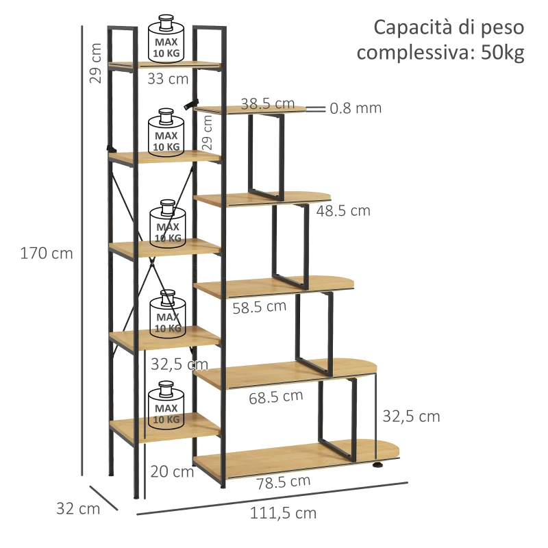 HOMCOM Scaffale Libreria a 10 Livelli, Stile Industriale in Truciolato e Acciaio, 111.5x32x170 cm