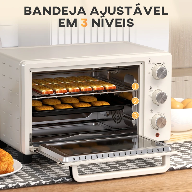 HOMCOM Mini Forno Elétrico 21L 1400W com Temporizador até 60min e Temperatura Ajustável até 230℃ 46x38,5x29 cm Creme e Prata