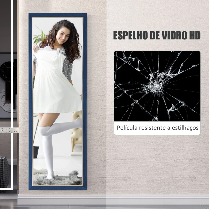 HOMCOM Espelho de Pé 50x150 cm Espelho de Corpo Inteiro com Estrutura em Veludo e Suporte para Sala de Estar Dormitório Azul