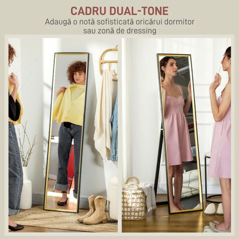 HOMCOM Oglindă de Podea Înaltă cu Suport Posterior și Ramă, Oglindă de Perete din MDF și Sticlă, 37x3x157 cm, Auriu