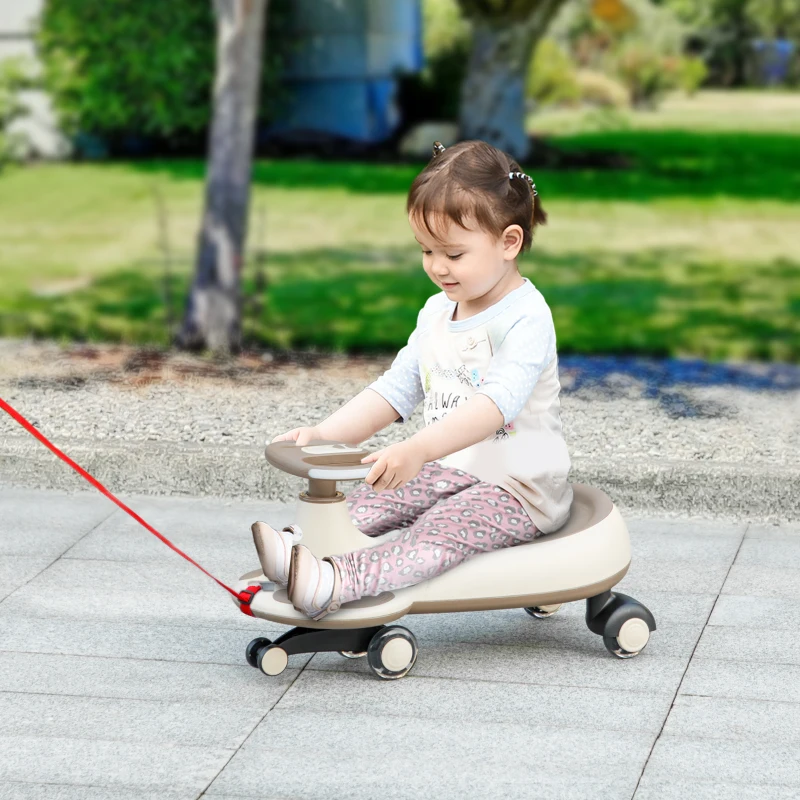 AIYAPLAY Carrinho Gira Gira para Crianças Carrinho Wiggle com Guiador para Pais Música Luz e Espaço de Arrumação 69x31x69 cm Cáqui