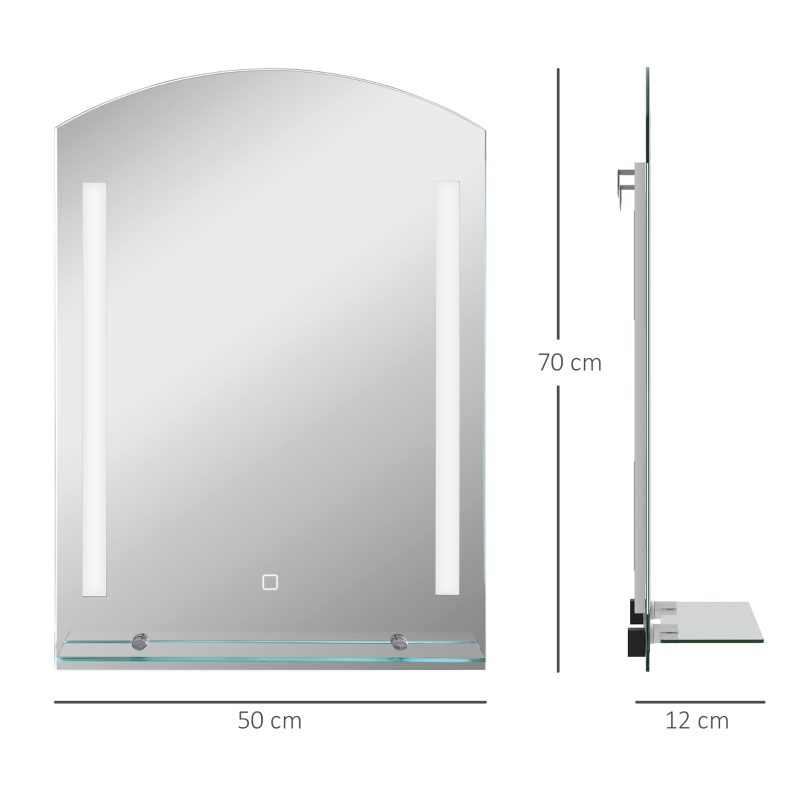 kleankin Espelho Casa de Banho com Luzes LED 70x50 cm Interruptor Tátil Iluminação Ajustável Função de Memória e Prateleira de Vidro Prata