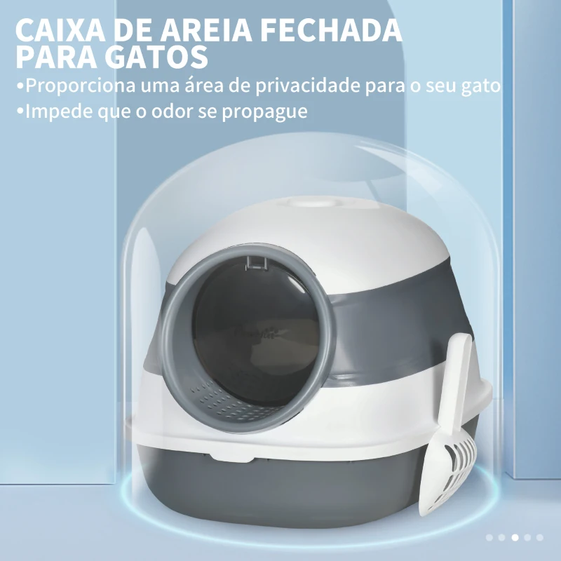 PawHut Caixa de Areia para Gatos Dobrável Caixa de Areia para Gatos Fechada com Pá 52x41x38 cm Branco e Cinza