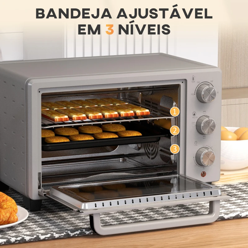 HOMCOM Mini Forno Elétrico 21L 1400W com Temporizador até 60min e Temperatura Ajustável até 230℃ 46x38,5x29 cm Prata