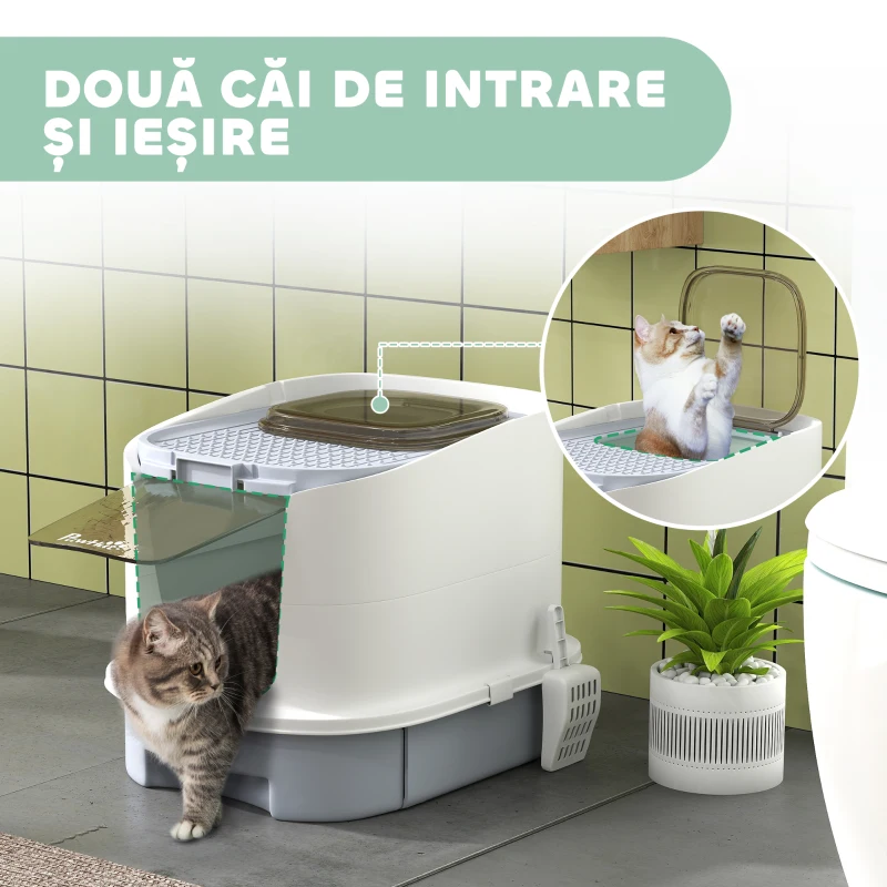 PawHut Litieră Închisă pentru Pisici cu 2 Uși și Tavă Detașabilă, 40,5x52,5x42,5 cm, Gri