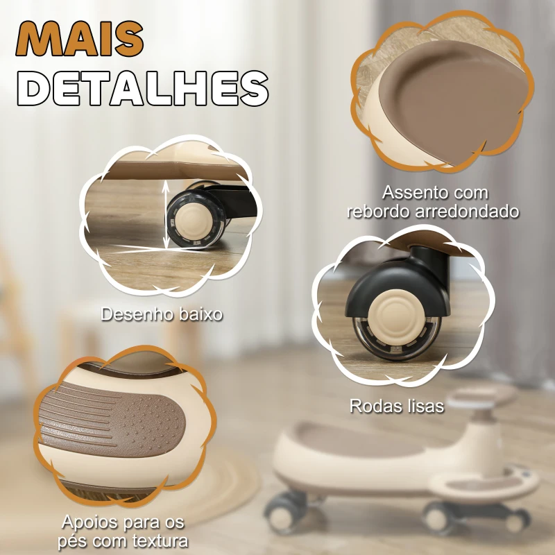 AIYAPLAY Carrinho Gira Gira para Crianças Carrinho Wiggle com Guiador para Pais Música Luz e Espaço de Arrumação 69x31x69 cm Cáqui