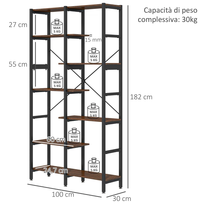 HOMCOM Grande Scaffale Libreria da Parete in Legno e Metallo Nero con 6 Ripiani, Stile Vintage Industriale, 100x30x182cm