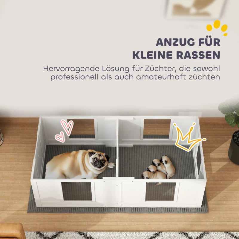 PawHut Skrzynia dla Szczeniąt, z Wodoodpornym i Możliwym do Prania Legowiskiem, Przezroczystymi Panelami, Projektem Dwuizbowym, dla Małych Psów