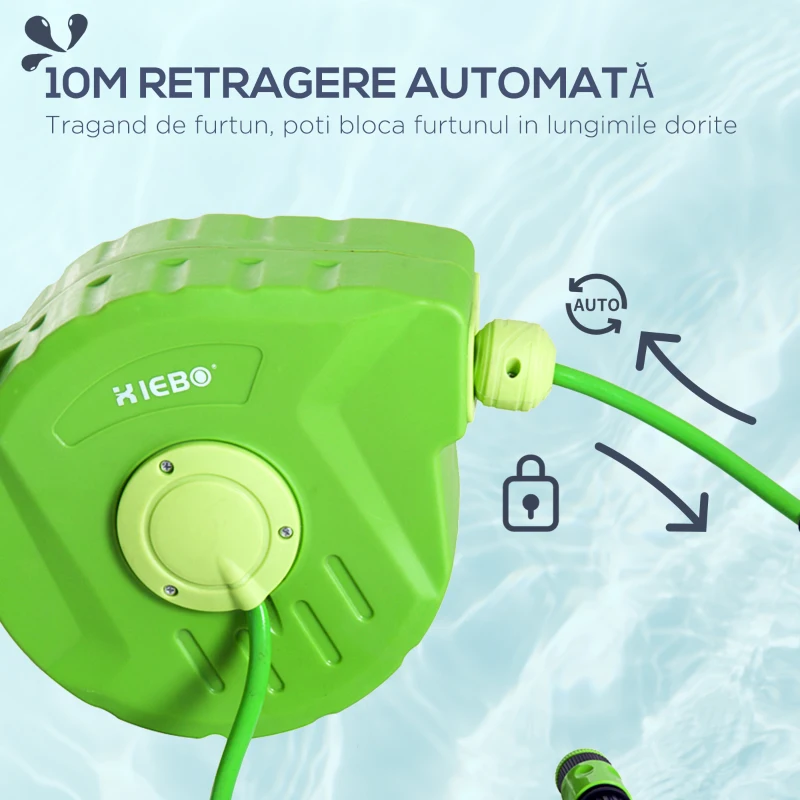 Outsunny Tambur cu Furtun Retractabil Automat, Pivotant la 180°, 35,5x11,5x27,5 cm, Verde