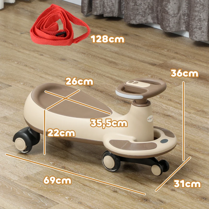 AIYAPLAY Carrinho Gira Gira para Crianças Carrinho Wiggle com Guiador para Pais Música Luz e Espaço de Arrumação 69x31x69 cm Cáqui