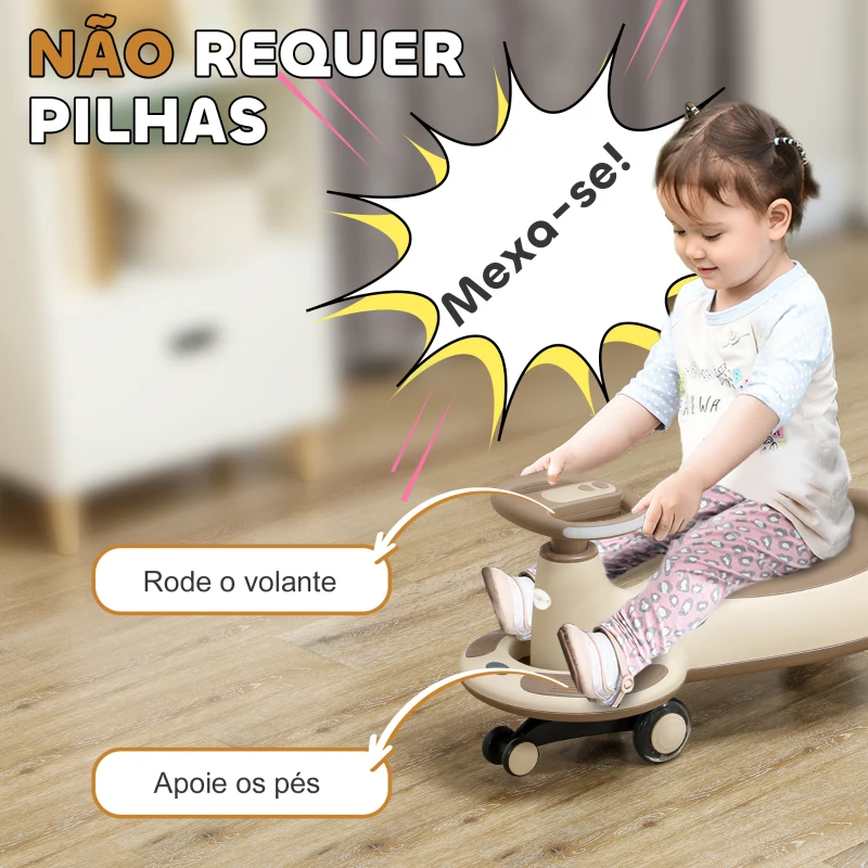 AIYAPLAY Carrinho Gira Gira para Crianças Carrinho Wiggle com Guiador para Pais Música Luz e Espaço de Arrumação 69x31x69 cm Cáqui