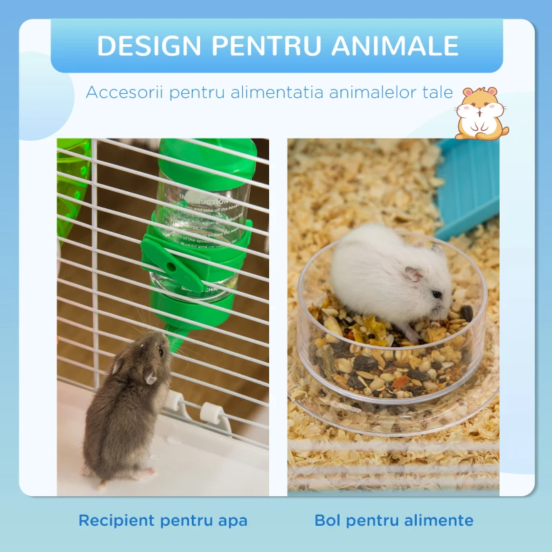 PawHut Cușcă pentru Hamsteri cu 3 Nivele, Tub, Roată de Alergat, Sticlă de Apă și Bol de Mancare, 59x36x47 cm, Albastru