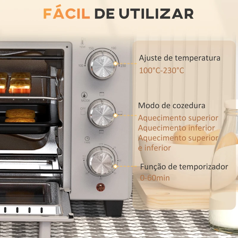 HOMCOM Mini Forno Elétrico 21L 1400W com Temporizador até 60min e Temperatura Ajustável até 230℃ 46x38,5x29 cm Prata
