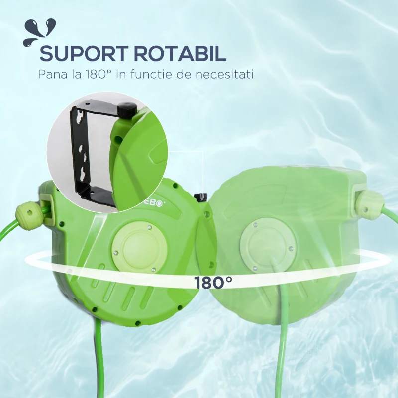 Outsunny Tambur cu Furtun Retractabil Automat, Pivotant la 180°, 35,5x11,5x27,5 cm, Verde