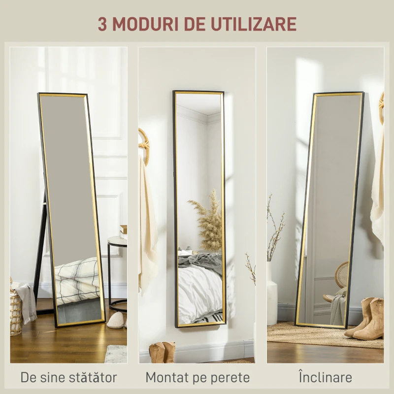 HOMCOM Oglindă de Podea Înaltă cu Suport Posterior și Ramă, Oglindă de Perete din MDF și Sticlă, 37x3x157 cm, Auriu