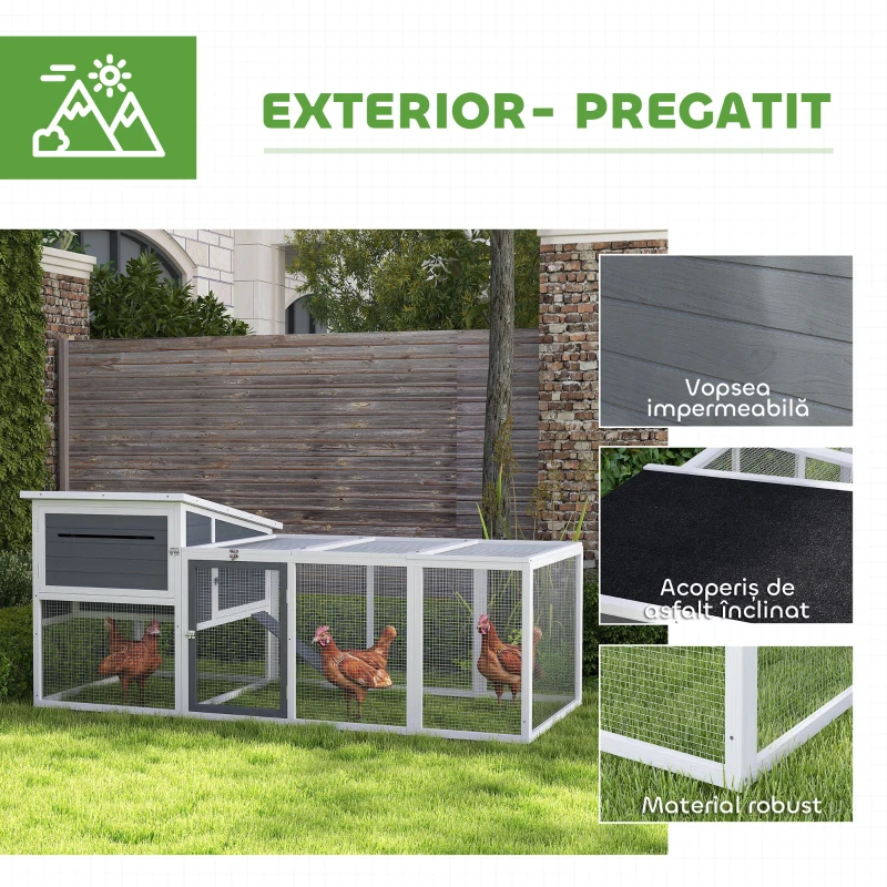 PawHut Coteț pentru 2-4 Găini, Cuib pentru Clocit cu Acoperiș Impermeabil, Tavă Detașabilă și Uși, 214x101x91,5 cm, Gri(m-6)