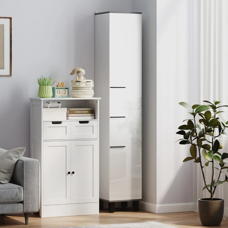 HOMCOM Coloană de Baie Modernă cu Sertar, 2 Dulapuri, 2 Uși și Rafturi Reglabile, Mobilier de Baie, 34x34x190 cm, Alb(m-7)