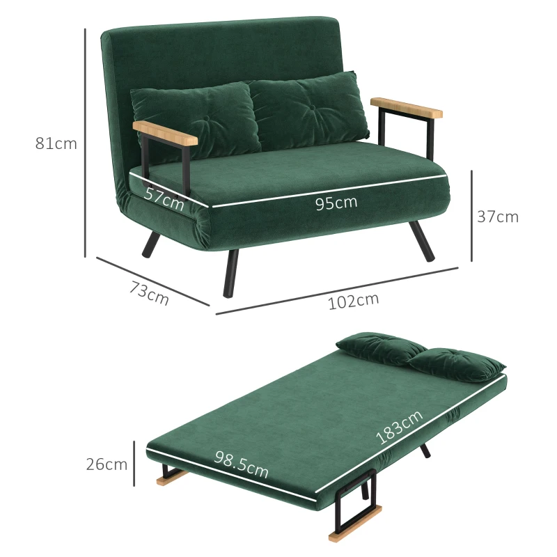 HOMCOM Canapea Pat de 2 Locuri cu Spătar Reglabil pe 5 Nivele, Canapea Pat Pliabilă cu 2 Perne, 102x73x81 cm, Verde(m-3)