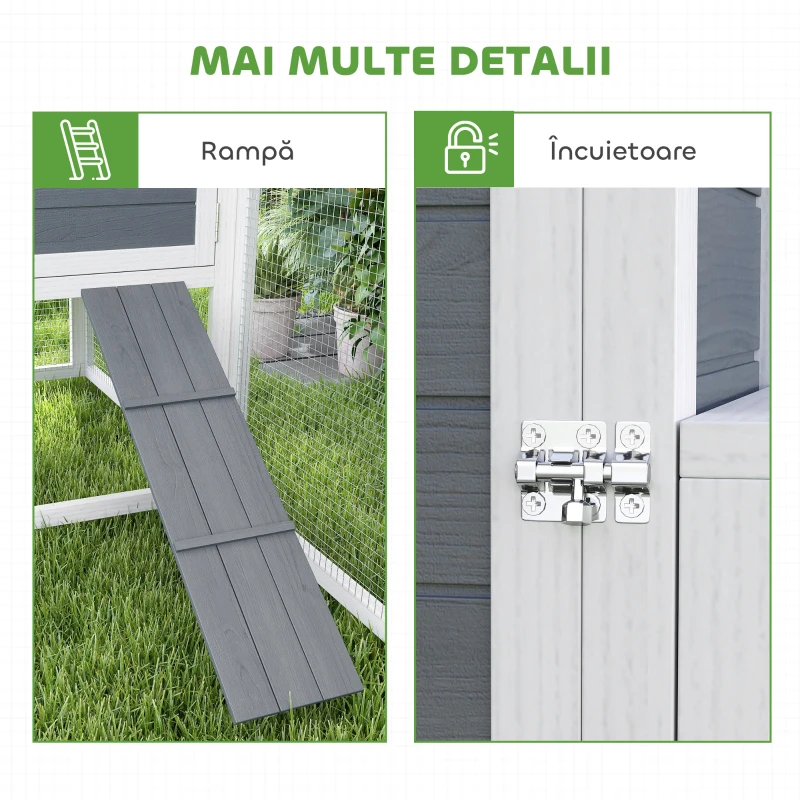 PawHut Coteț pentru 2-4 Găini, Cuib pentru Clocit cu Acoperiș Impermeabil, Tavă Detașabilă și Uși, 214x101x91,5 cm, Gri(m-7)
