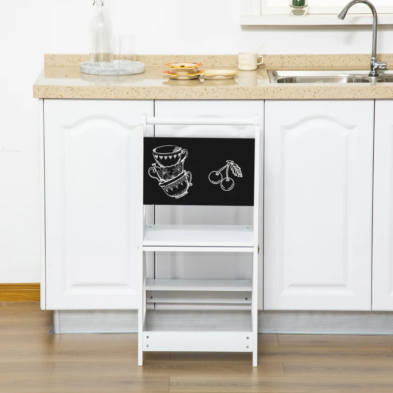 HOMCOM 2 in 1 Kids Kitchen Step Stool with Safety Rail Toddler Steps with Chalkboard for Kitchen Bathroom, White(m-12)