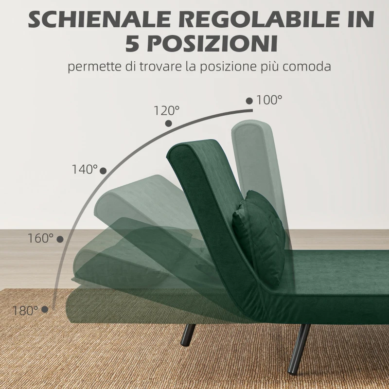 HOMCOM Divano Letto 3 in 1 in Tessuto Effetto Velluto con Schienale Regolabile e 2 Cuscini, 102x73x81 cm, Verde