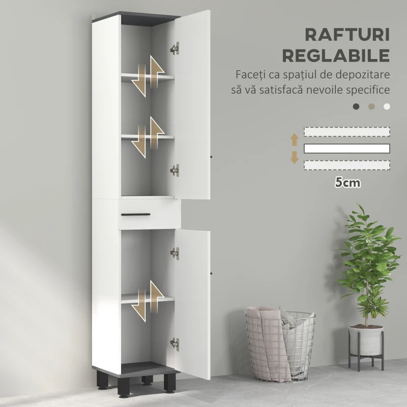HOMCOM Coloană de Baie Modernă cu Sertar, 2 Dulapuri, 2 Uși și Rafturi Reglabile, Mobilier de Baie, 34x34x190 cm, Alb(m-5)
