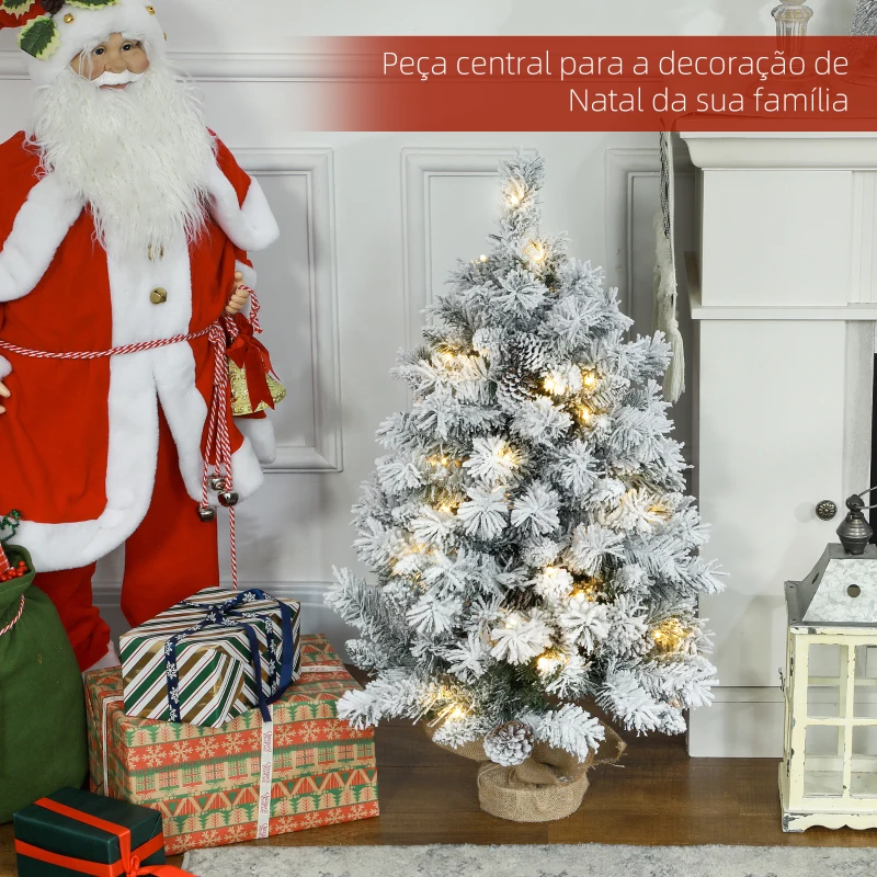 HOMCOM Árvore de Natal com Luzes LED 90 cm Árvore de Natal Artificial Nevado com 133 Ramos 14 Pinhas e Suporte de Metal Verde