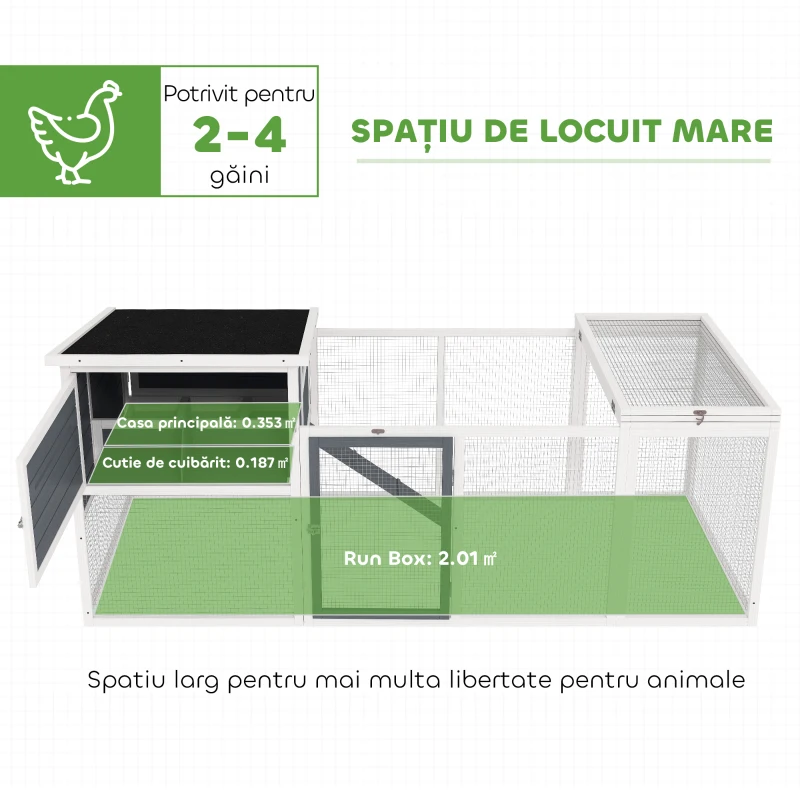 PawHut Coteț pentru 2-4 Găini, Cuib pentru Clocit cu Acoperiș Impermeabil, Tavă Detașabilă și Uși, 214x101x91,5 cm, Gri(m-4)