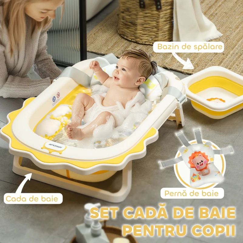 AIYAPLAY Cadă de Baie Pliabilă pentru Nou-Născuți 0-3 Ani cu Pernă și Orificii de Drenaj, 80,5x55x20 cm, Galben
