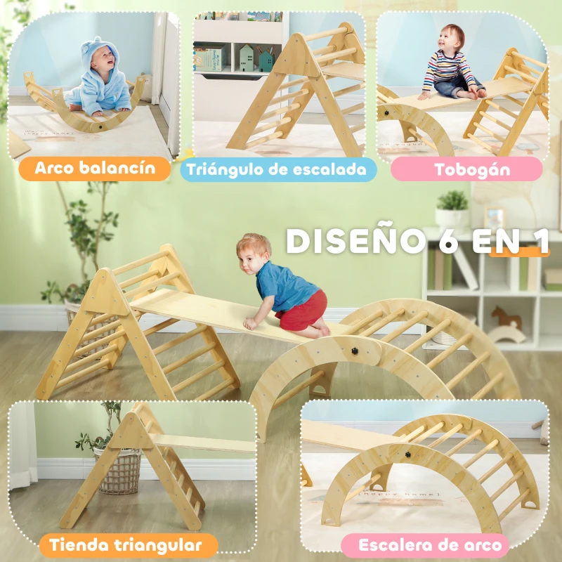 AIYAPLAY Triángulo de Escalada para Niños de 18-48 Meses con Rampa Escalador de Arco 219x72,5 cm Natural