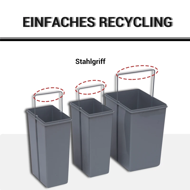 HOMCOM Mülleimer-Konstruktion mit 3 Abfalleimern zur Mülltrennung, Schienensystem, einbaubar, 3er-Set Müllbehälter, Grau