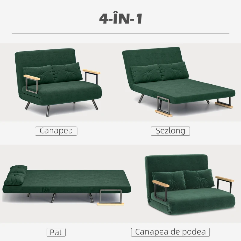HOMCOM Canapea Pat de 2 Locuri cu Spătar Reglabil pe 5 Nivele, Canapea Pat Pliabilă cu 2 Perne, 102x73x81 cm, Verde(m-4)