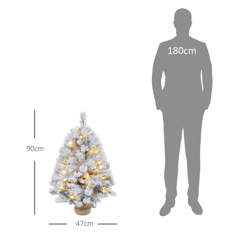 HOMCOM Árvore de Natal com Luzes LED 90 cm Árvore de Natal Artificial Nevado com 133 Ramos 14 Pinhas e Suporte de Metal Verde