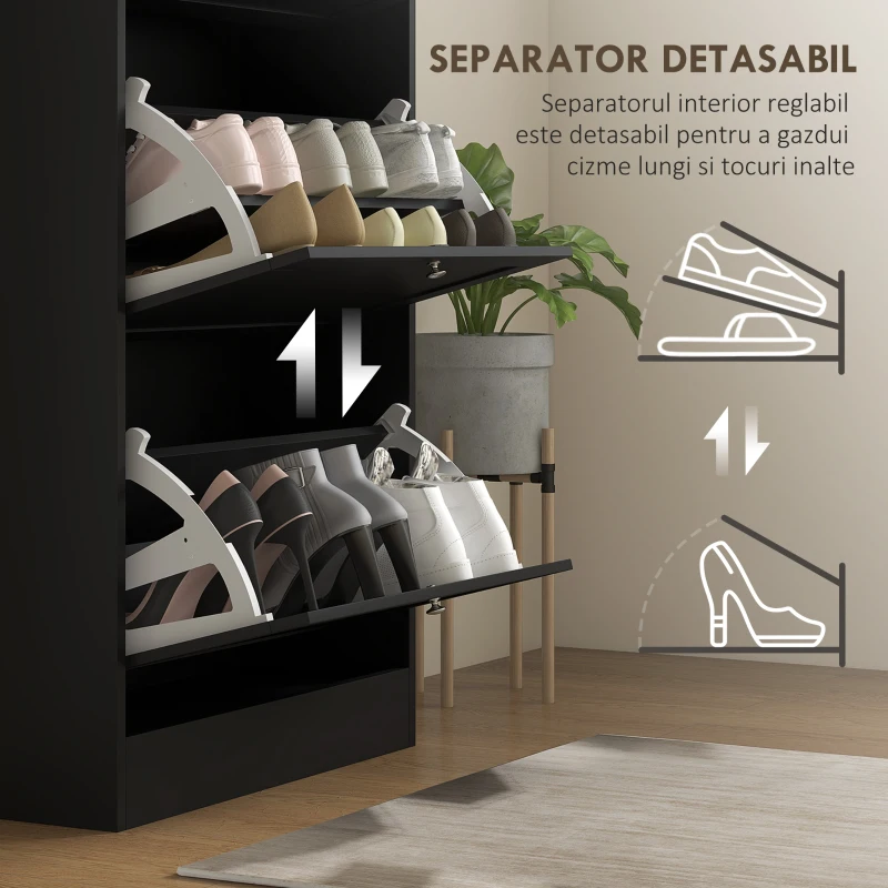 HOMCOM Dulap Îngust pentru Pantofi cu 3 Sertare și Rafturi Reglabile pe 2 Niveluri, 60x23,5x115 cm, Negru