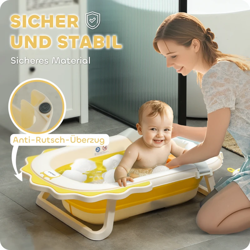 AIYAPLAY Składana wanienka dla dzieci z umywalką, antypoślizgowa z komfortową poduszką, Żółty