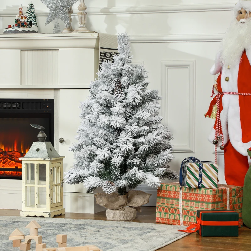 HOMCOM Árvore de Natal com Luzes LED 90 cm Árvore de Natal Artificial Nevado com 133 Ramos 14 Pinhas e Suporte de Metal Verde