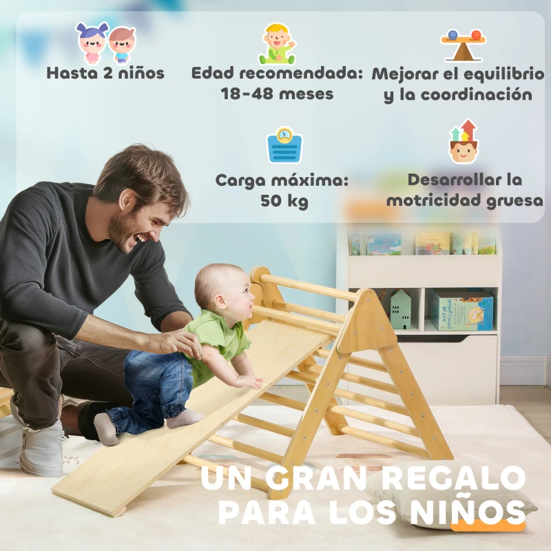 AIYAPLAY Triángulo de Escalada para Niños de 18-48 Meses con Rampa Escalador de Arco 219x72,5 cm Natural