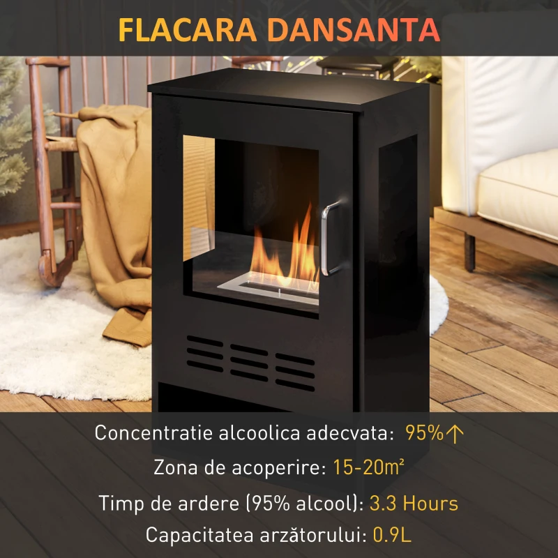 HOMCOM Șemineu pe Bioetanol de Podea cu Arzător de o Durată de 3,3 Ore, Bioșemineu din Oțel și Sticlă, 44x28x68 cm, Negru