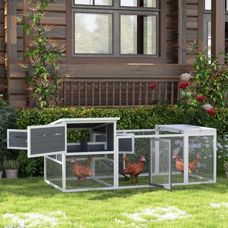 PawHut Coteț pentru 2-4 Găini, Cuib pentru Clocit cu Acoperiș Impermeabil, Tavă Detașabilă și Uși, 214x101x91,5 cm, Gri(m-2)